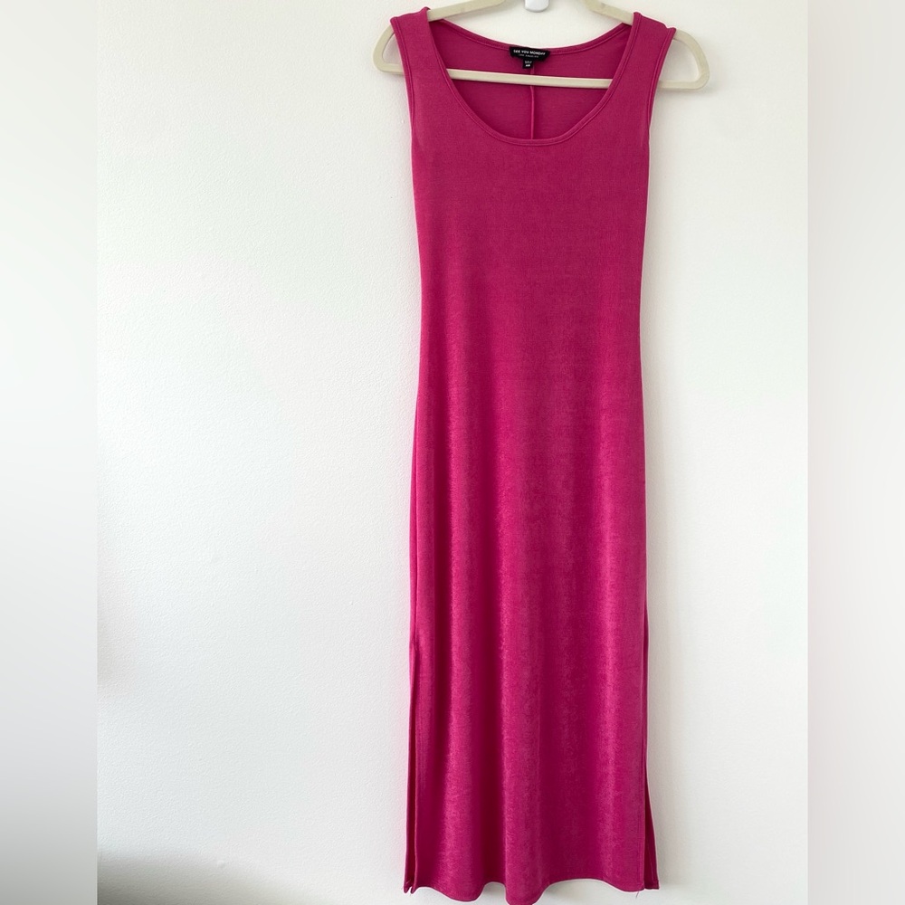 Slinky Shimmery Hot Pink Dress Bodycon Stretchy Fuchsia Barbie Midi Cocktail